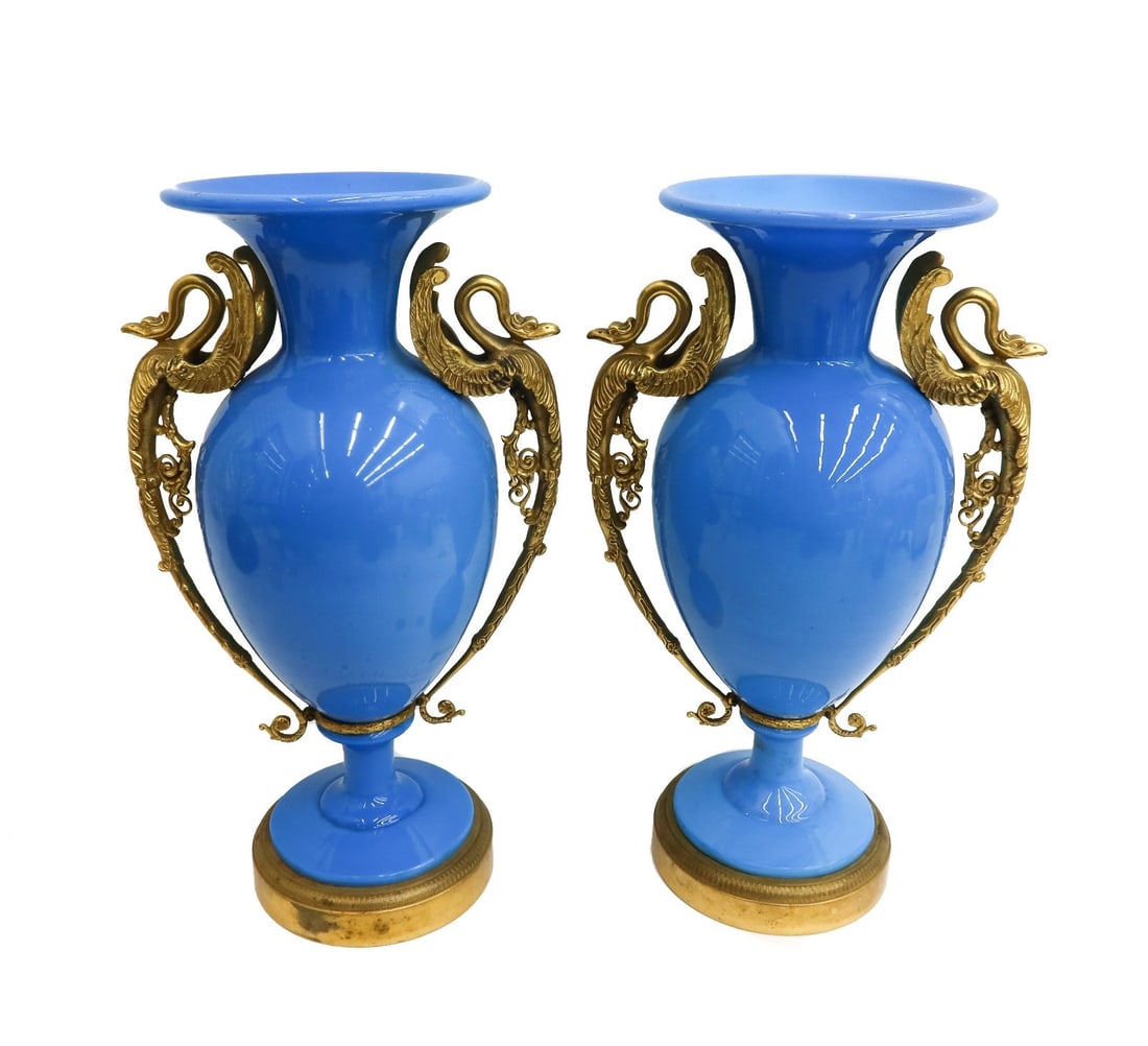 Pair French Glass Blue Opaline and Bird Twin Handled Footed Vases Late 19th Cent (1 of 9)