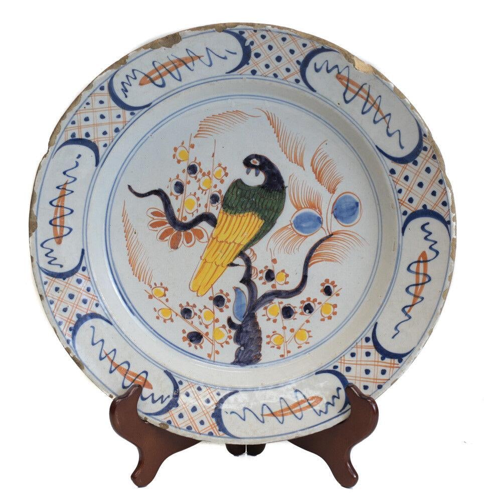 Antique Continental Faience Polychrome Charger, 18th century, bird on branch (1 of 3)