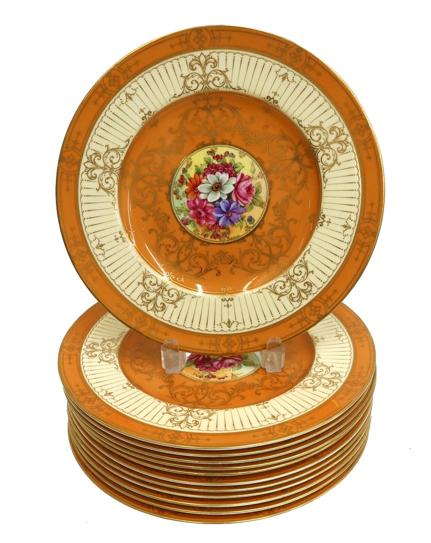 12 Royal Worcester England Hand Painted Porcelain Dinner Plates 1933: 12 Royal Worcester England hand painted porcelain dinner plates, 1933. Orange and beige ground to rim with gilt art deco style scrolls. Center with various hand painted florals to center and each sign
