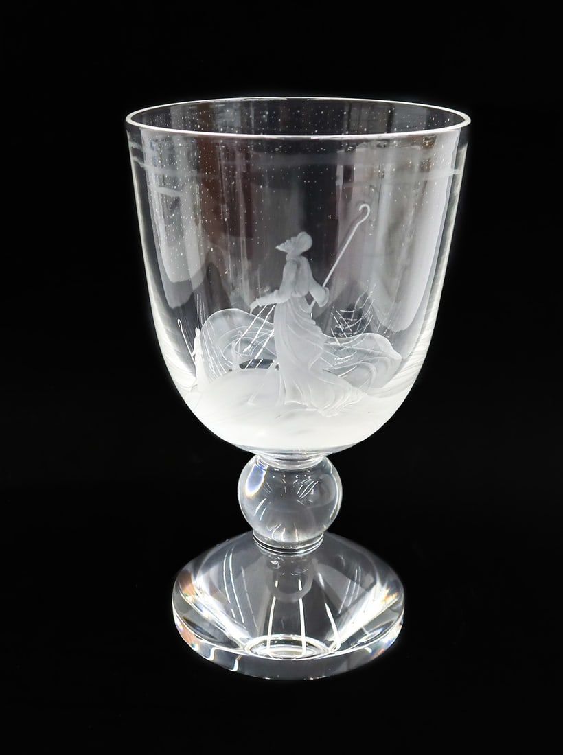 Steuben Glass Sculpture - Shepherd's Cup - by Peter Yenawine with Box: Steuben crystal glass sculpture, "Shepherd's Cup" by Peter Yenawine, 1976 #0200. Engraved designed by Zevi Blum, depicts a shepherds underneath a starry sky. Marked Steuben to underside. With original