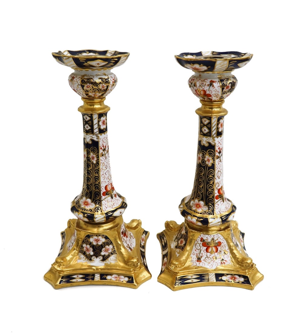 Pair Royal Crown Derby Porcelain Tall Candlesticks in Old Imari #2451 (1 of 17)