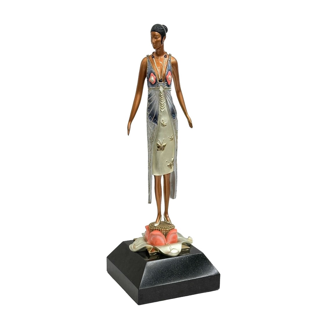 Erte Romain de Tirtoff Gilt Bronze Sculpture Butterfly Lady Ltd Ed/375 Signed: Erté (Romain De Tirtoff) (Russian/French 1892-1990) Patinated and Cold Painted Bronze Sculpture, Butterfly Lady. Depicts a woman in a dress, flower form base, mounted on a black stone base. Signed Er