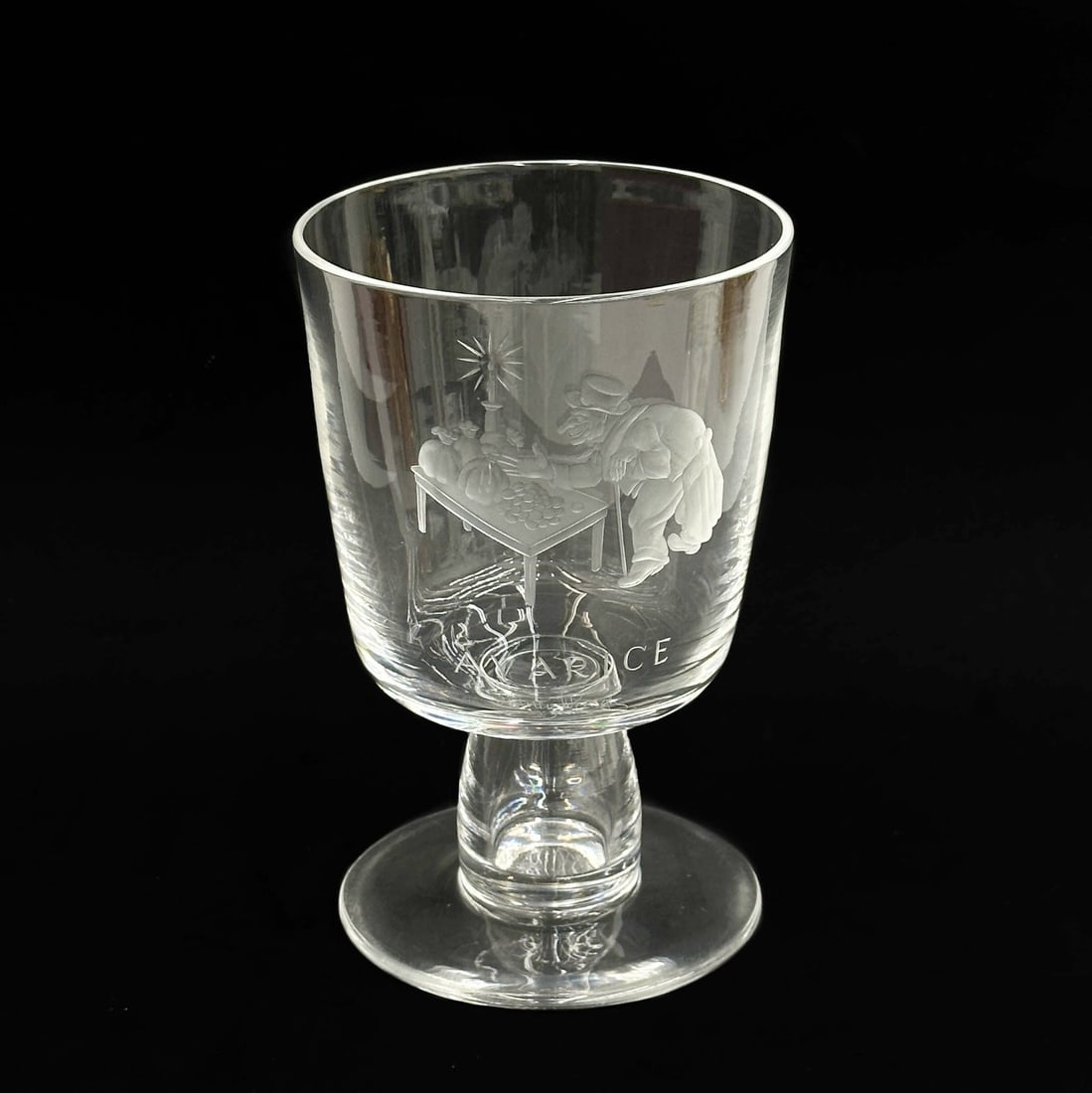 Steuben Art Glass Engraved Goblet Avarice Signed Sidney Waugh 1947: Steuben American Art Glass Engraved Goblet "Avarice" by Sidney Waugh. Scene with figure to the center, titled Avarice. Signed Sidney Waugh beneath the title. Underside signed Steuben and dated 1947. W