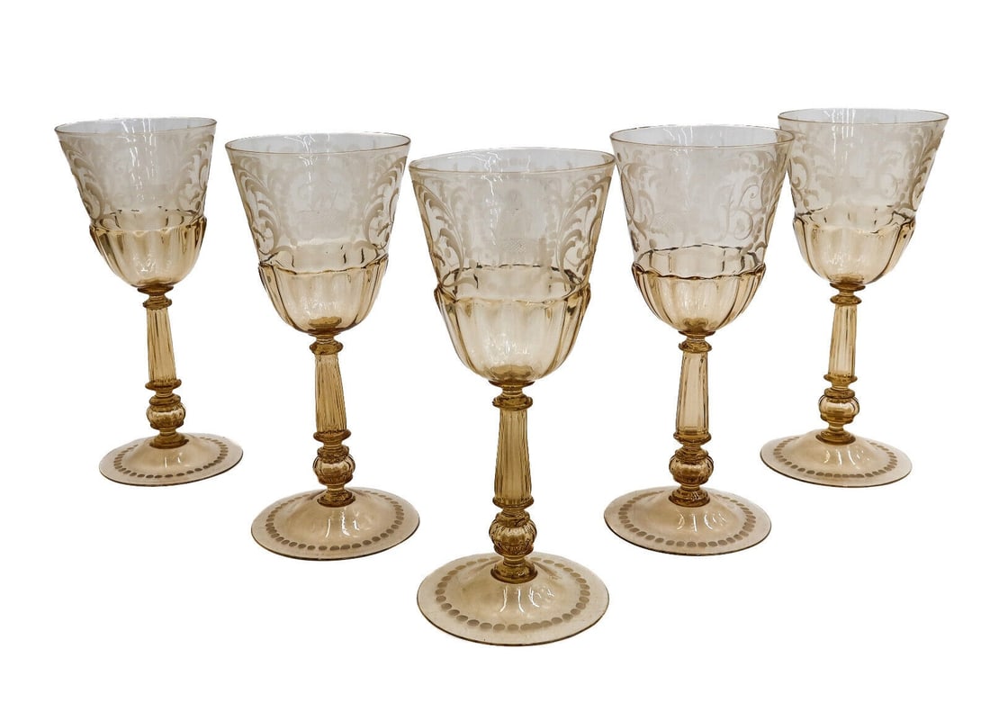 5 Venetian Amber Cut Glass Engraved Blown Wine Goblets circa 1940: 5 Venetian amber cut glass engraved blown wine goblets, circa 1940. Hand blown to 7 parts with engraved figures and monogrammed "K" to center with foliate scroll designs. Rough pontil underside. Weigh