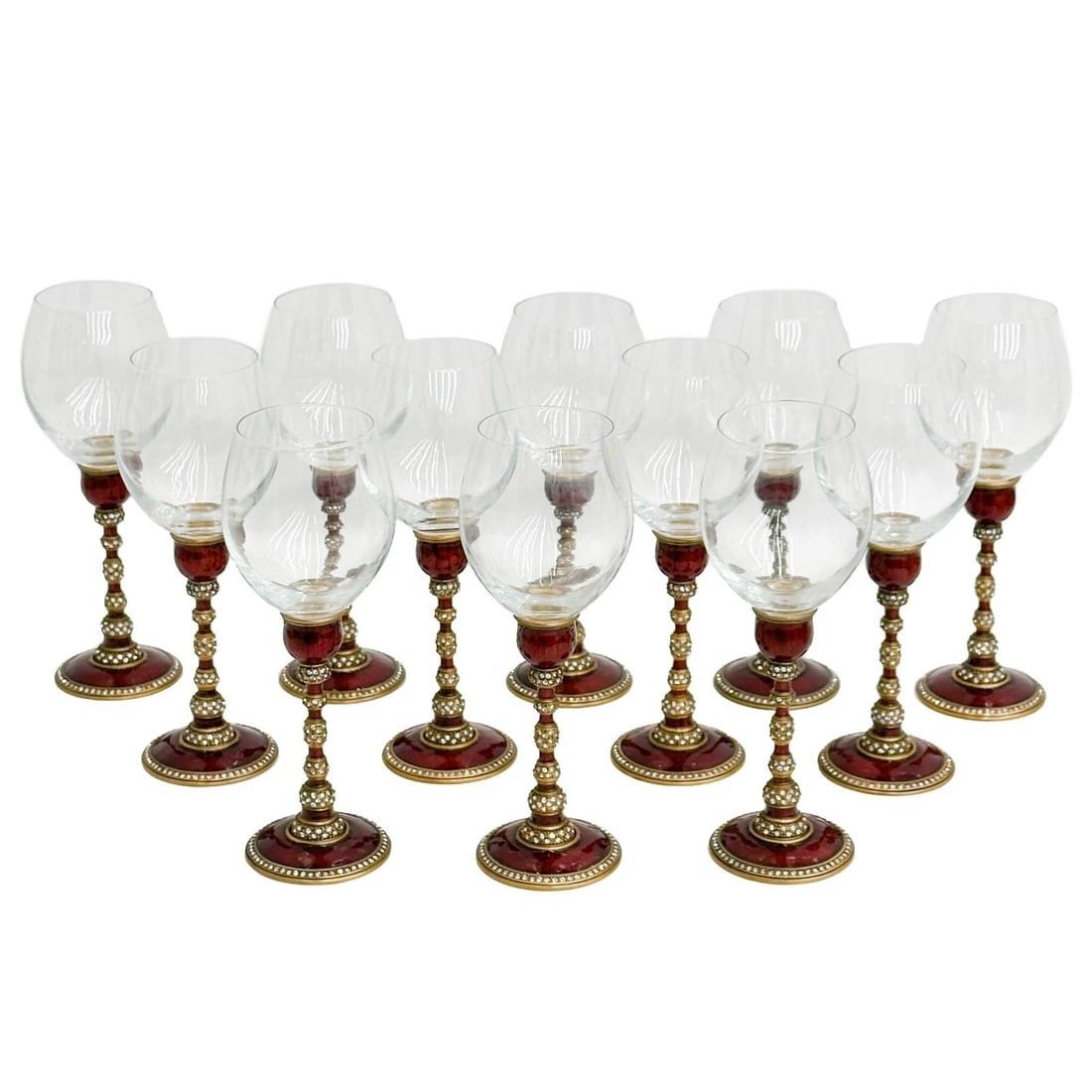 12 Edgar Berebi Red Enamel Jeweled Stemware Wine Glass Goblets Ltd Ed: 12 Edgar Berebi red enamel and jeweled stemware wine glass goblets. Red enamel with encrusted clear jewels to bulbous stem and to base. Edgar Berebi mark to underside, marked Limited Edition 998-1 708