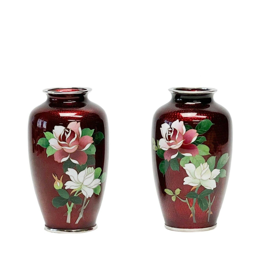Pair Japanese Cloisonne Enamel Flowers Red Miniature Vases Silver Plate Mounts (1 of 7)