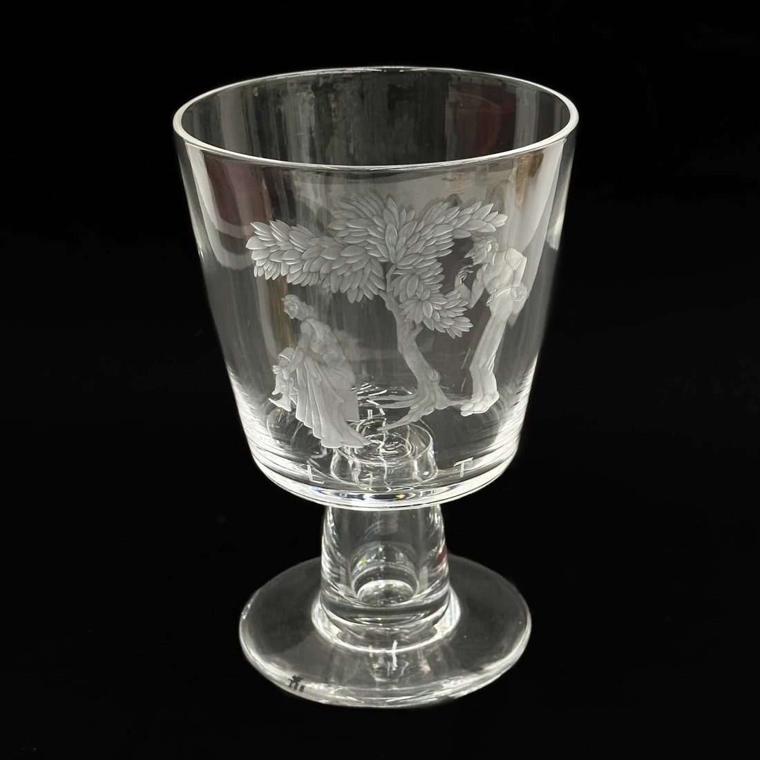 Steuben Art Glass Engraved Goblet Lust by Sidney Waugh: Steuben American Art Glass Engraved Goblet "Lust" by Sidney Waugh. Scene with figure to the center, titled Lust. Underside signed Steuben. Weight: Approx. 2 lb Measurements: Approx. 4.75 inches diamet