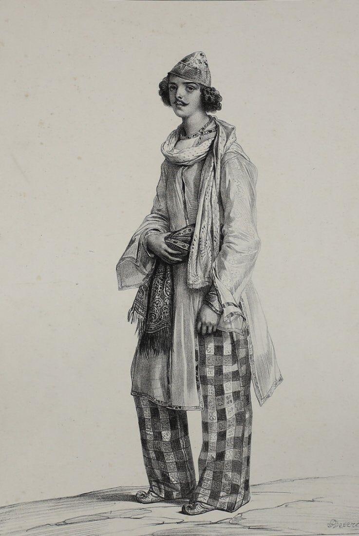 Achille Deveria (French 1800-1857) Lithograph Indien, XIX Siecle No. 52: Deveria, Achille (French 1800-1857) Black and White Lithograph on wove paper, 'Indien, XIX Siecle'. No. 52. Signed 'A Deveria' in stone on lower right. 'GL' stamp on lower right. No printing en verso.