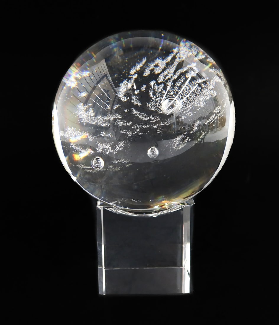 Steuben Crystal Art Glass Galaxy Sphere Paperweight Figure by Donald Pollard: Steuben crystal art glass Galaxy sphere paperweight figure by Donald Pollard #8395. Signed "S DP" to underside. With a small glass stand. Weight: Approx. 6 lb Measurements: Approx. Sphere: 3.75 inches