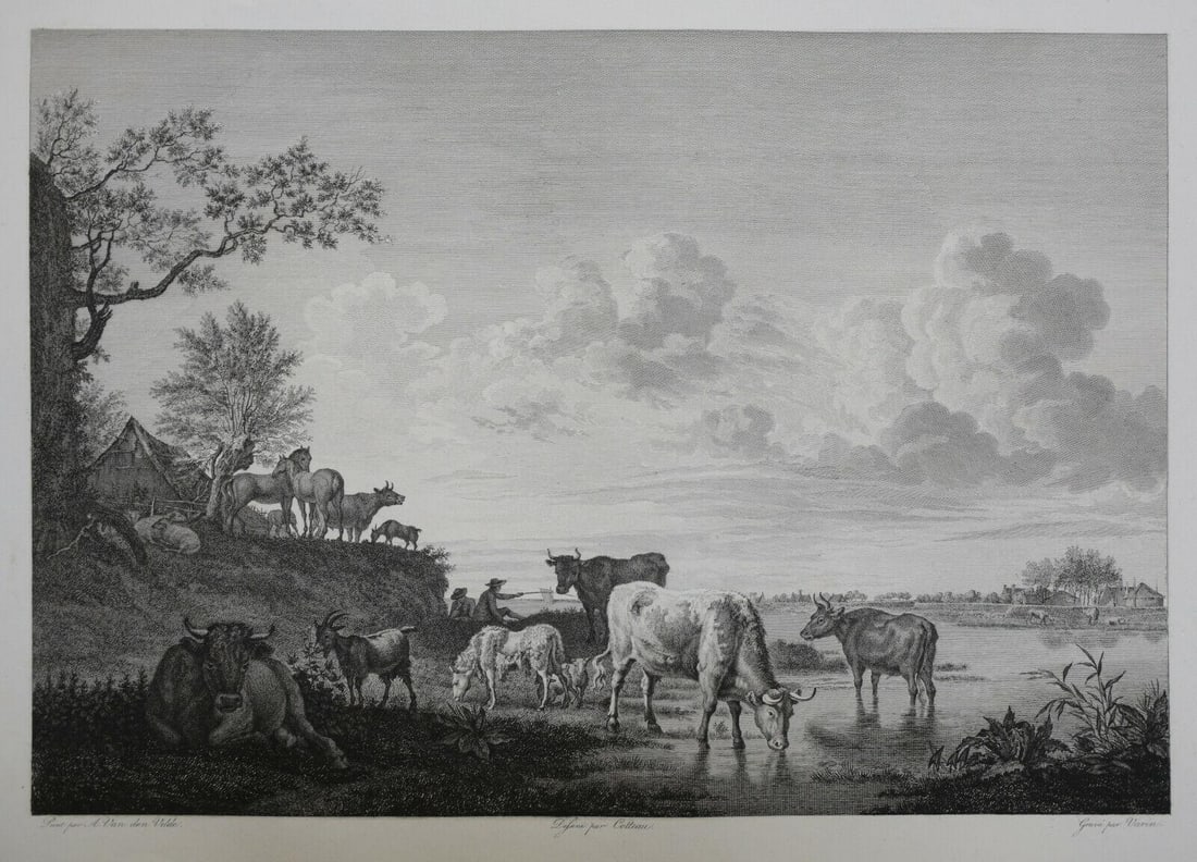 Early 19th Century Engraving Animals by the River, van de Velde, Cotteau (1 of 3)