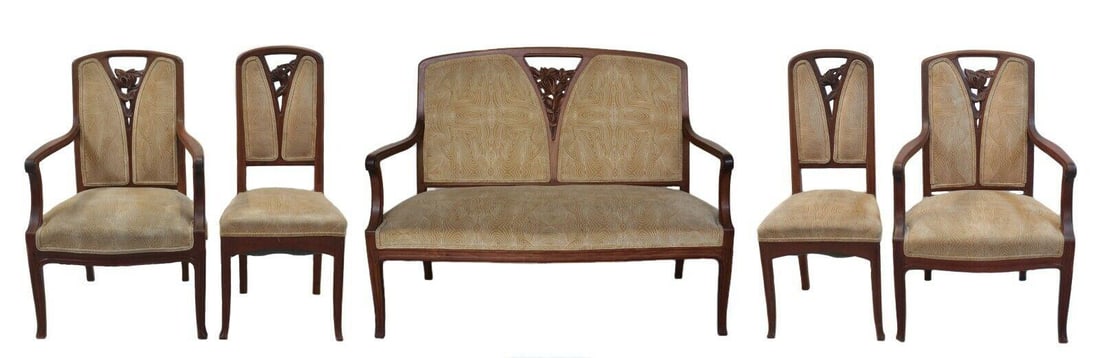 Marjorelle Art Nouveau Upholstered Seating Salon Suite: Marjorelle Art Nouveau Upholstered Seating Salon Suite. Comprises one settee, two armchairs and two side chairs. Hand carved floral design, curved arms. Velvet fabric in an abstract pattern. Originall