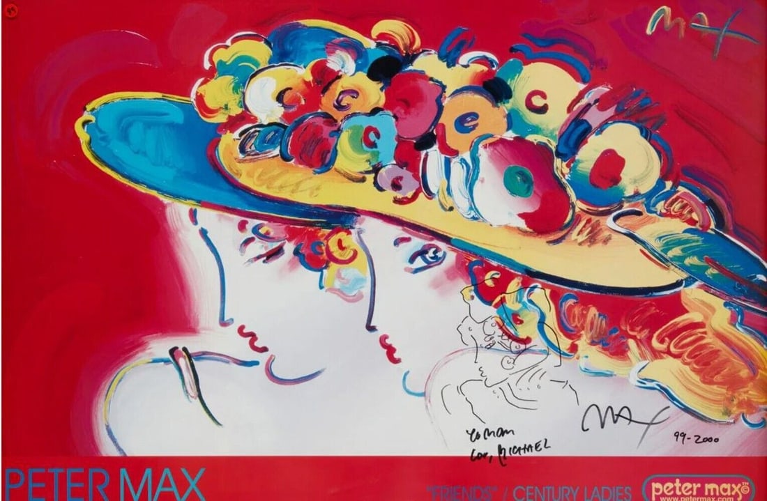 Peter Max Offset Lithograph Signed Friends Century Ladies 1999-2000: Peter Max, Signed Poster with sketch and inscription. title 'Friends/Century Ladies', Dated 1999-2000. Glazed and framed. 16lb (UPLB) Measurements: Approx. poster 23.5in H x 35.625 inches; Framed unde