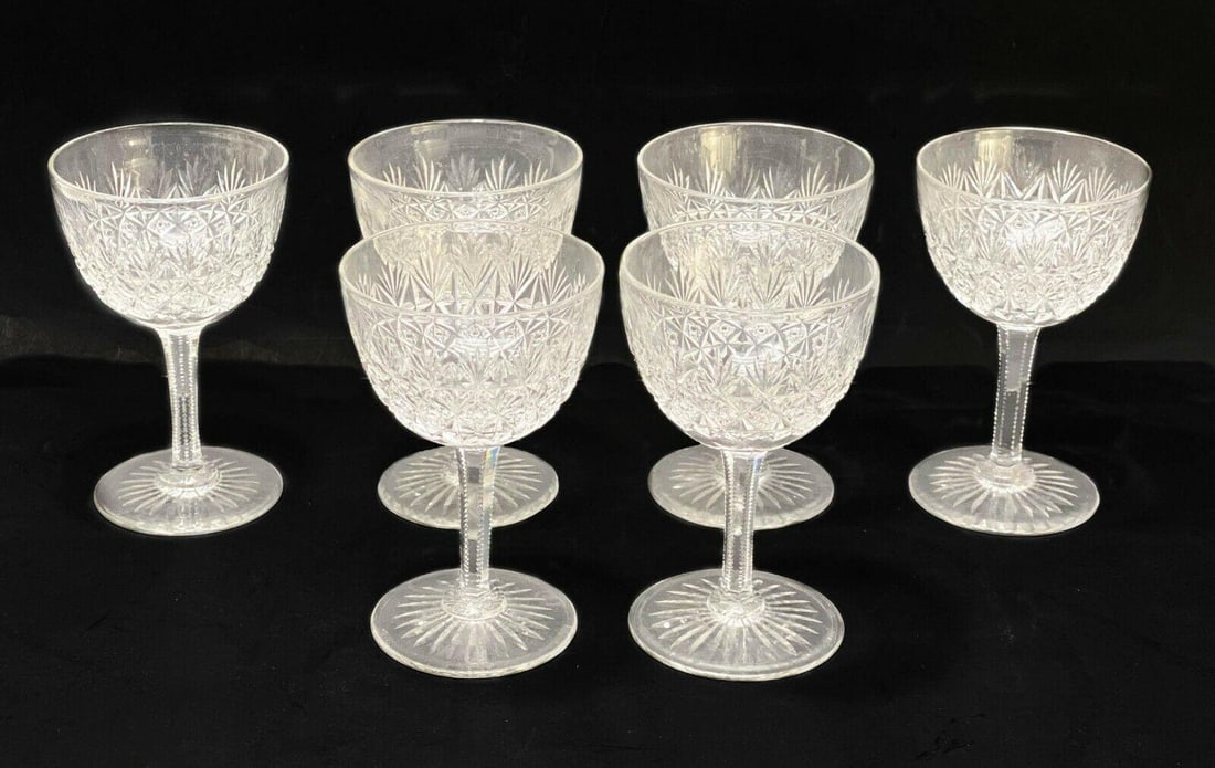 6 Thomas Webb Wellington Cut Crystal Sherry Wine Glasses: 6 Thomas Webb Wellington cut crystal sherry wine glasses. Cut fan and star design with a star to the underside. Webb mark to underside of two glasses. Weight: Approx. 1.5 lbs Measurements: Approx. 2.6