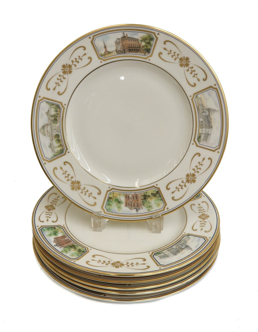 6 Lenox USA Porcelain Congressional Dinner Plates The Capitol Federal Hall: 6 Lenox USA Porcelain Congressional Dinner Plates. 4 American historical buildings to rim including The Capitol Washington DC 1829, Federal Hall New York City 1789, The Capitol Washington DC Present,