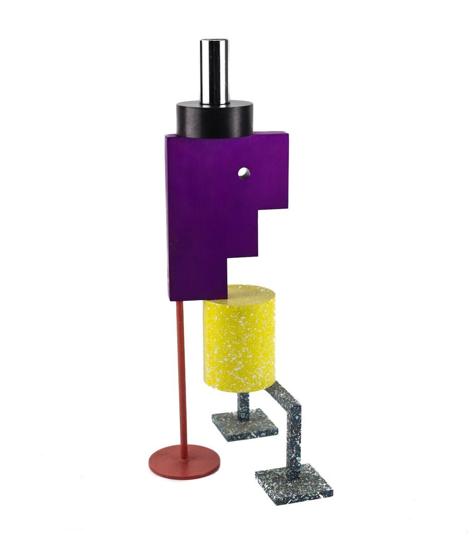 Peter Shire Post Modern Candle Holder, Anodized and painted metal c1990: c1990 Peter Shire Post Modern Candle Holder, Anodized and painted metal, Impressed "PS EP" makers mark. Measurements: Approx. 15" height x 5" x 7" Condition: Very good condition, some discoloration to