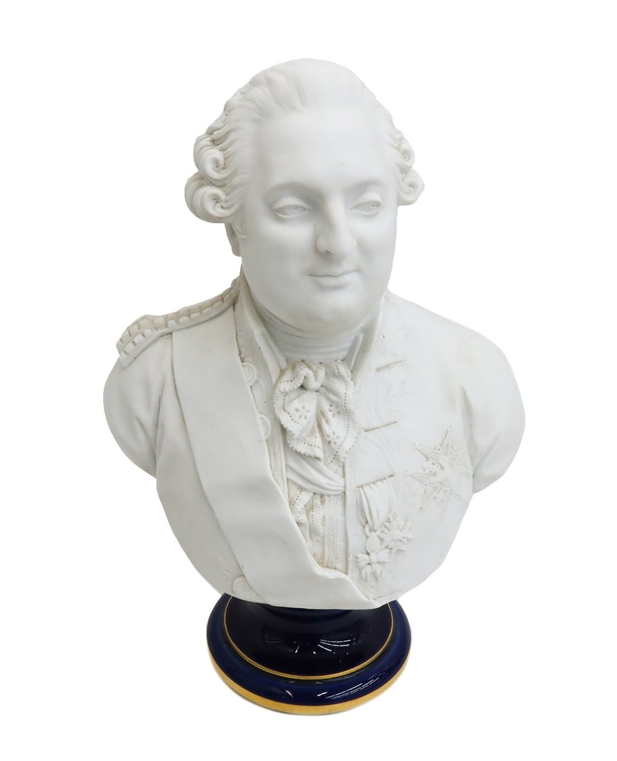 Manufacture de Sevres Bisque Porcelain Bust of King Louis XVI 1861: Manufacture de Sevres bisque porcelain bust of King Louis XVI 1861. Cobalt blue base with gilt accents. Sevres mark to back of shoulder with marks to underside with incised letters and numbers dating