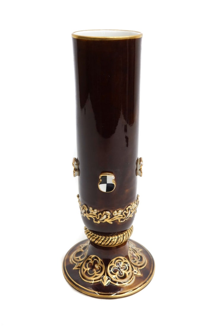 KPM Porcelain and Gilt Vase, circa 1850. Applied Checkered Accents: A fine KPM large hand painted porcelain vase, circa 1850. Brown ground to the vase that mimics tortoise shell. Gilt leaf accents around the rim of the base and applied checkers towards the bottom. KPM