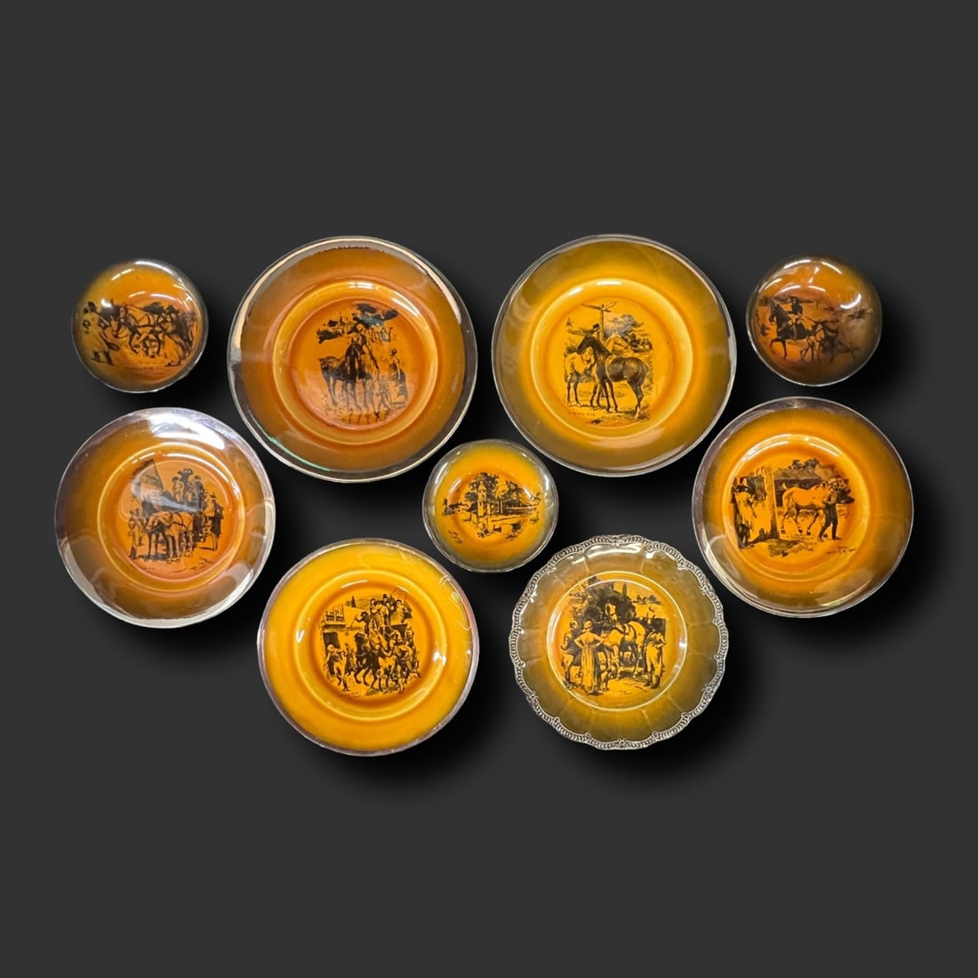 9pc Ridgways Coaching Days Brown Glazed Earthenware Pottery Plates bowls: 9 pieces of Ridgways Coaching Days Brown Glazed Earthenware Pottery Plates and bowls with platinum plain rims and scalloped raised design. 7.1 lbs Measurements: Approx. large plain 10.125 inches ; sma