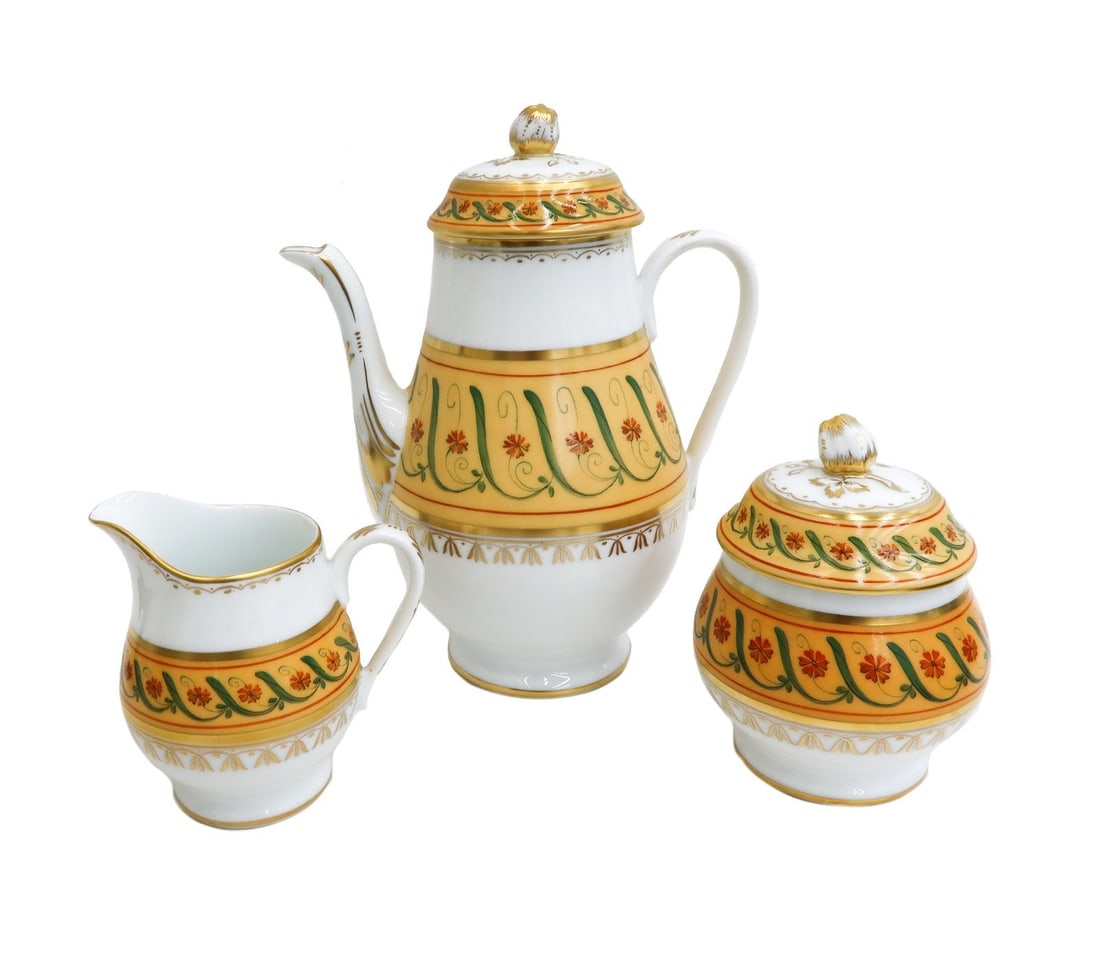 Tiffany Le Tallec Private Stock Porcelain Coffee Set in Directoire: Tiffany Le Tallec Private Stock Coffee Coffee Set in Directoire. A yellow ground with hand painted flowers and leaves throughout. Gilt florals to the center. Tiffany & Co. Private stock marks to the u