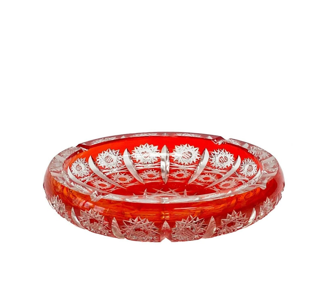 Bohemian Red Cut to Clear Glass Large Cigar or Cigarette Ashtray Hobstars c.1920 (1 of 5)