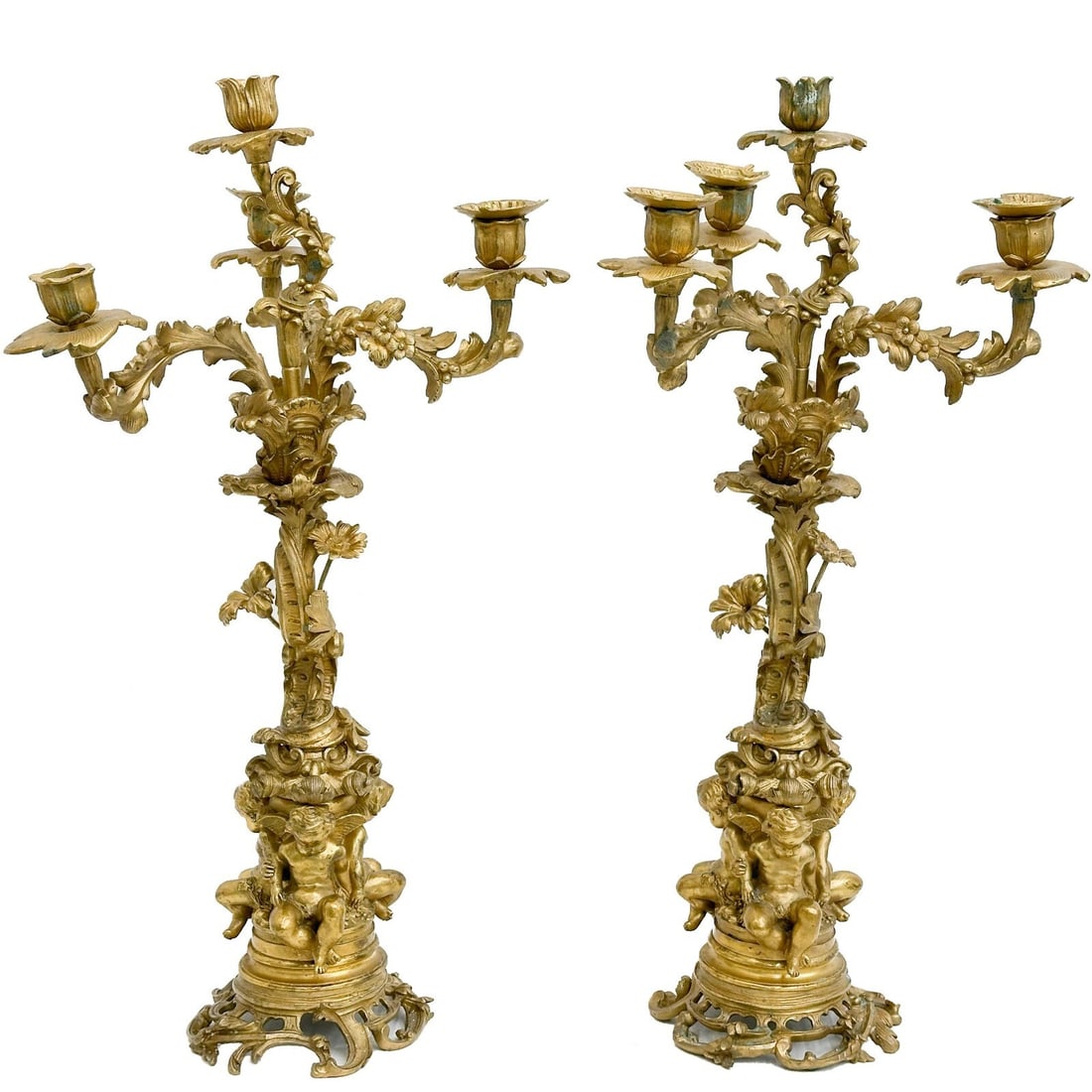 Pair French Gilt Bronze 4 Light Candelabras Cherubs circa 1880 (1 of 8)