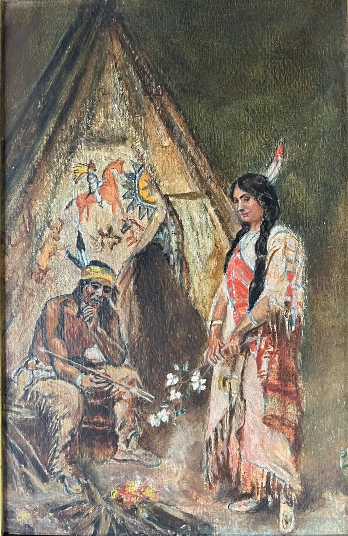 Ed Walter Oil painting on board Hiawatha and Laughing Water: Ed Walter (20th Century) Oil painting on wood board, after 'Laughing Water' by Jean Leon Gerome Ferris. Wood framed. 1lb (BF1) Measurements: Approx. board 8 x 12 inches; framed 9.5 x 13.5 x 0.5 inches