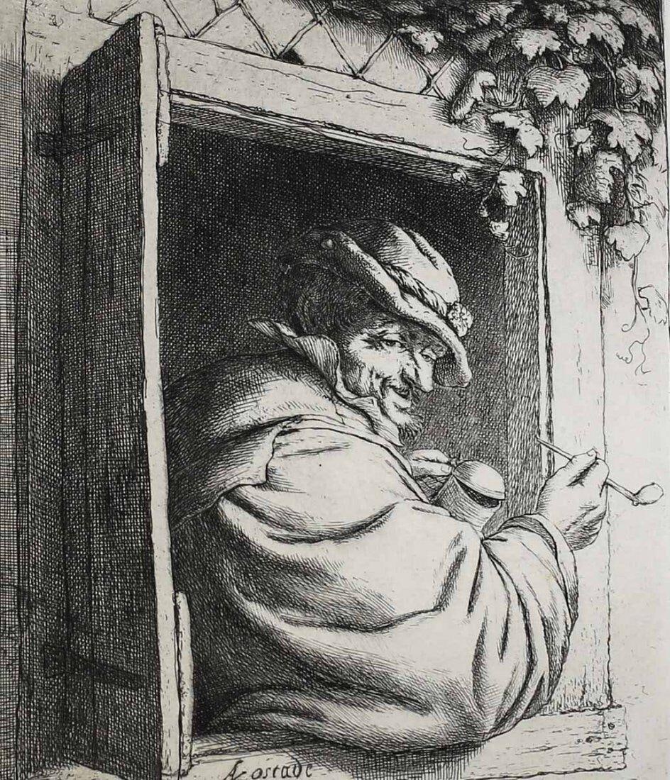 Adriaen Jansz Van Ostade Dutch 1610-1685 Etching Man with Pipe: Ostade, Adriaen Van (Dutch 1610-1685) Black & White Etching on Paper Signed A. Ostade. Man in window w/ pipe. Notation in corner of folder identifies this as First State. Weight: Approx. 0.5lbs inscri