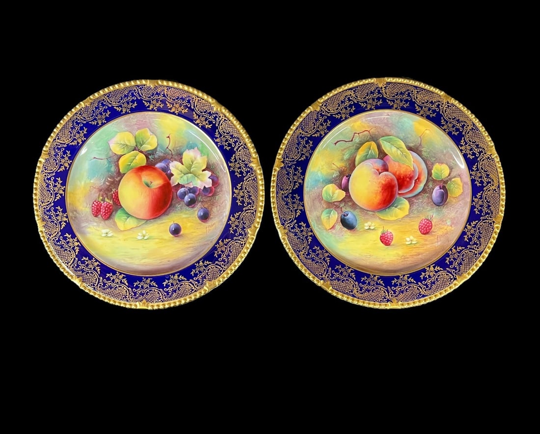 2pc Paragon Bone China Dinner Plate GOLDEN HARVEST Hand painted: 2pc Paragon "Golden Harvest" Bone China Cabinet Plates with hand painted fruit, signed A. Holland. Made in England. Gilt rim on cobalt blue, fruits in the center - peaches, grapes, apples and berries.