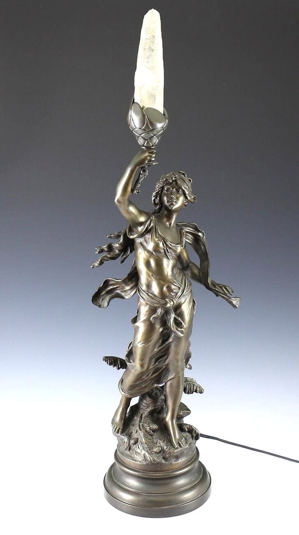 L & F Moreau Patinated Bronze Figural Lamp w/ Rock Crystal flame 19th century (1 of 7)