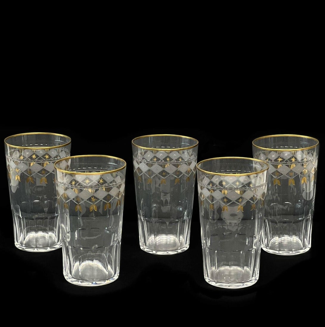 5 Vintage Likely Continental Gilt Frosted Etched Glass Tumblers (1 of 5)