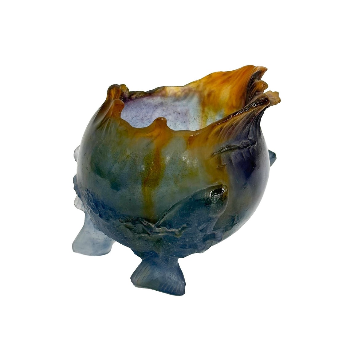 Daum France Pate de Verre Art Glass Bowl Fish Wave: Daum France Pate de Verre Art Glass Bowl Fish. Blue and orange pate-de-verre glass wave form bowl with fish at the base. Lower edge signed Daum France. Weight: Approx. 3 lbs Measurements: Approx. 6 in