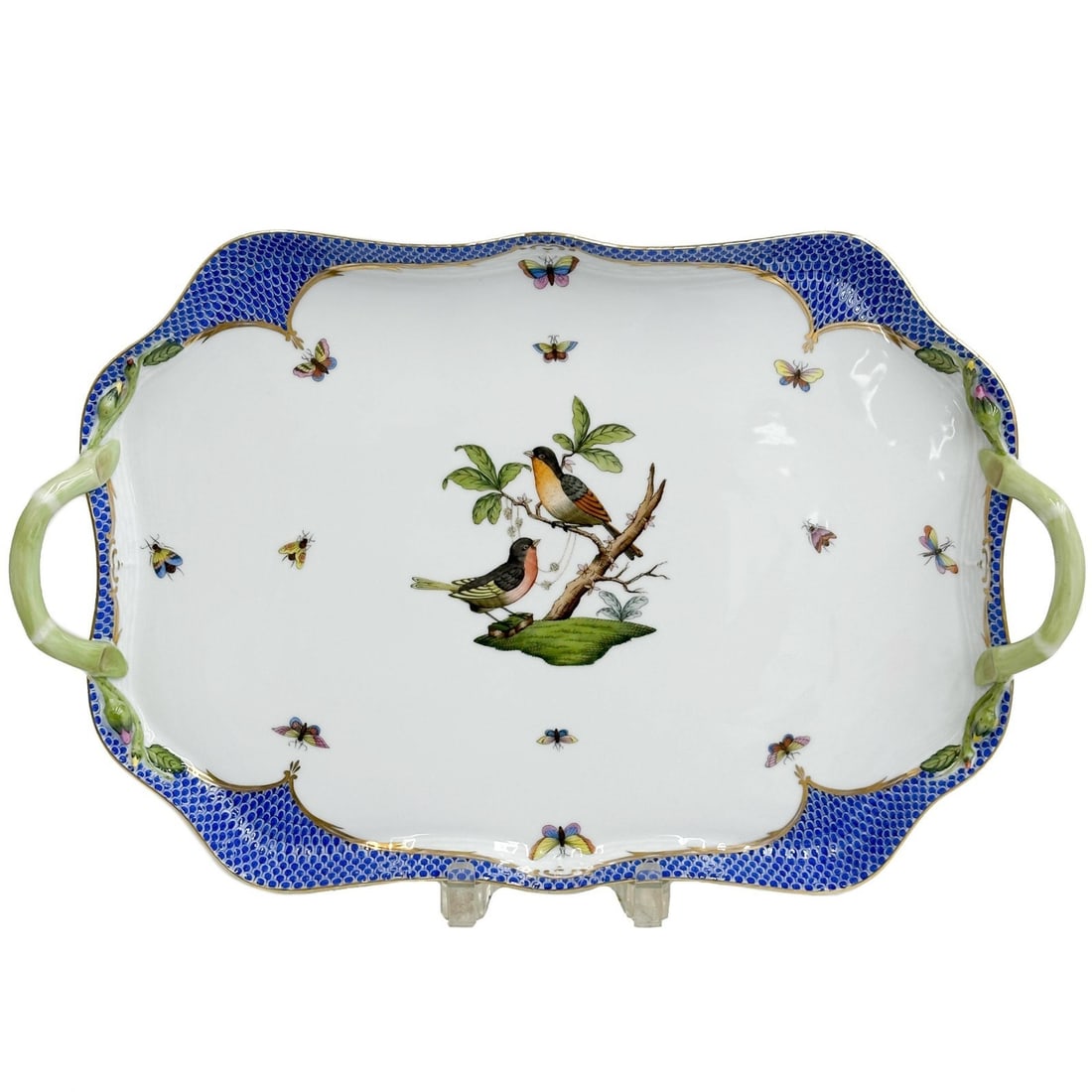Herend Hungary Rothschild Birds Blue Scale Fish Net Rectangular Handled Tray 427: Herend Hungary Rothschild Birds Blue Scale Fish Net Handled Tray 427. Hand painted birds to the center, blue scale decoration to rim. Underside marked for Herend Hungary 427 ROEB Weight: Approx. 3.5 l