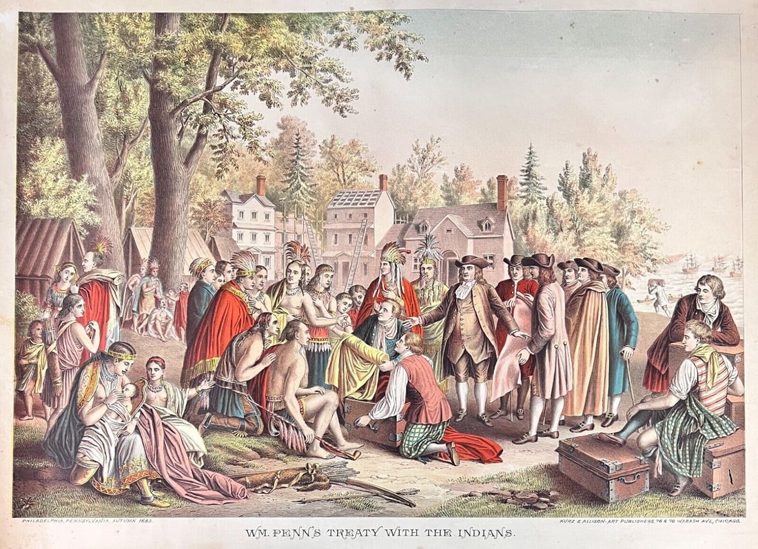 Chromolithograph after Benjamin West painting William Penn's Treaty: after the Benjamin West painting titled 'William Penn's Treaty with the Indians,' a Chromolithograph on paper, printed by Kurz & Allison, Chicago, late 19th Century. Measurements: Approx. sheet sheet
