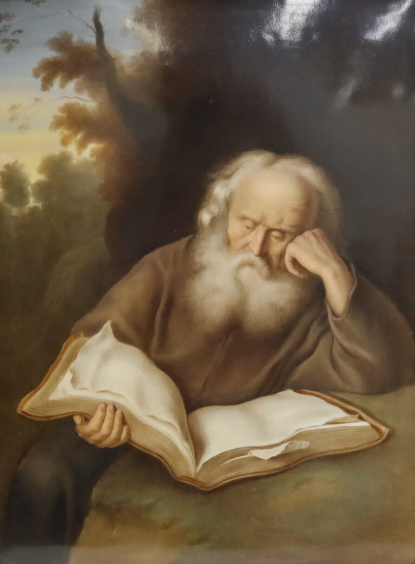 KPM Berlin Hand Painted Porcelain Plaque The Hermit After Salomon Koninck: KPM Berlin Hand painted porcelain portrait plaque, The Hermit After Salomon Koninck by L. Stern, 19th Century. he plaque depicts an elderly man reading in solitude. After the original by Salomon Konin