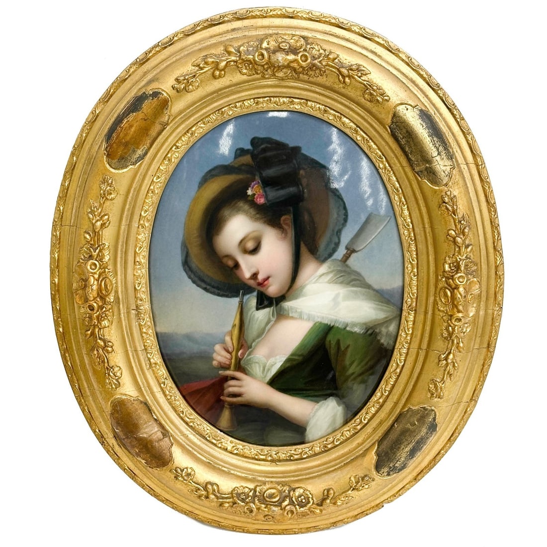 KPM Berlin Hand Painted Porcelain Plaque Woman with Flute Framed c1900: KPM Berlin Hand Painted Porcelain Portrait Plaque, circa 1900. Depicts a portrait of a young woman playing a wind instrument. Impressed KPM marks to the reverse, mounted in a gilt wood frame. Weight: