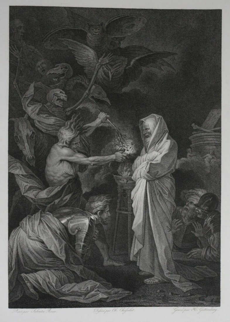 after Salvator Rosa 1615-1673 Engraving La Pythonisse d'Endor Chasselat: after Salvator Rosa (Naples 1615 - 1673) a 19th century Engraving on paper, title "La Pythonisse d'Endor" Saul consults the witch of Endor who summons the spirit of Samuel. Intermediate draftsman Char