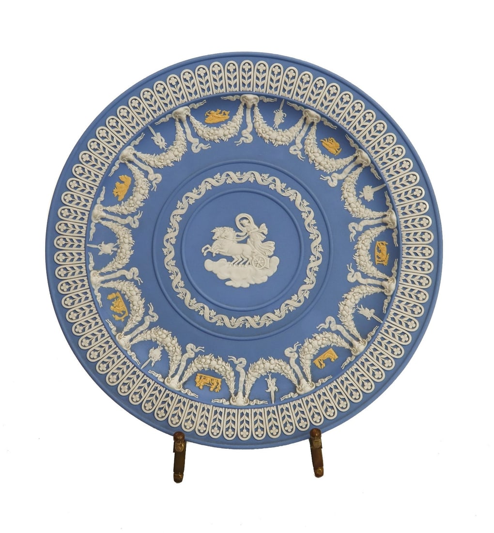 Wedgwood England Jasperware Trophy Commemorate Bi-Centenary of Jasper Ltd Ed 250: A tri-color Jasper Trophy Plate in Pale Blue with White and Cane ornamentation commemorate to commemorate the bi-centenary of the perfection of Jasper in 1774 by Josiah Wedgwood F.R.S. Limited Edition