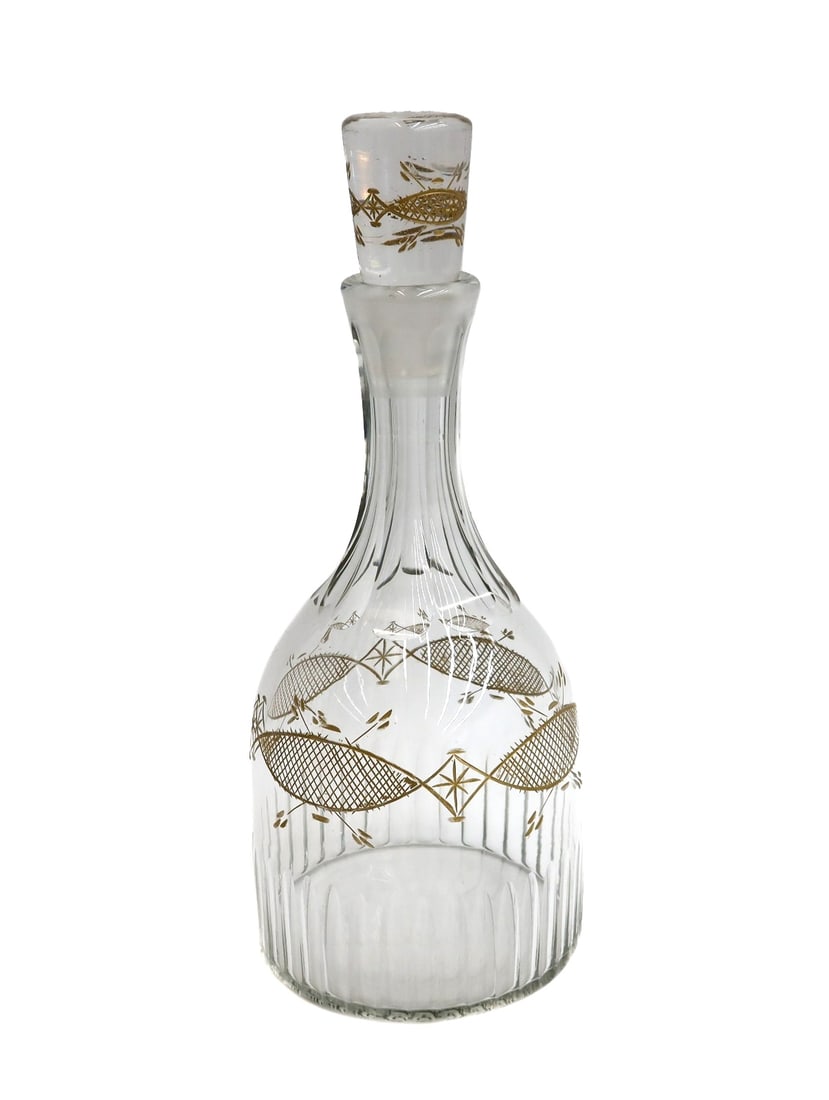 Cut Glass and Gilt Decanter Early 20th Century Crosshatch Leaf Designs (1 of 4)