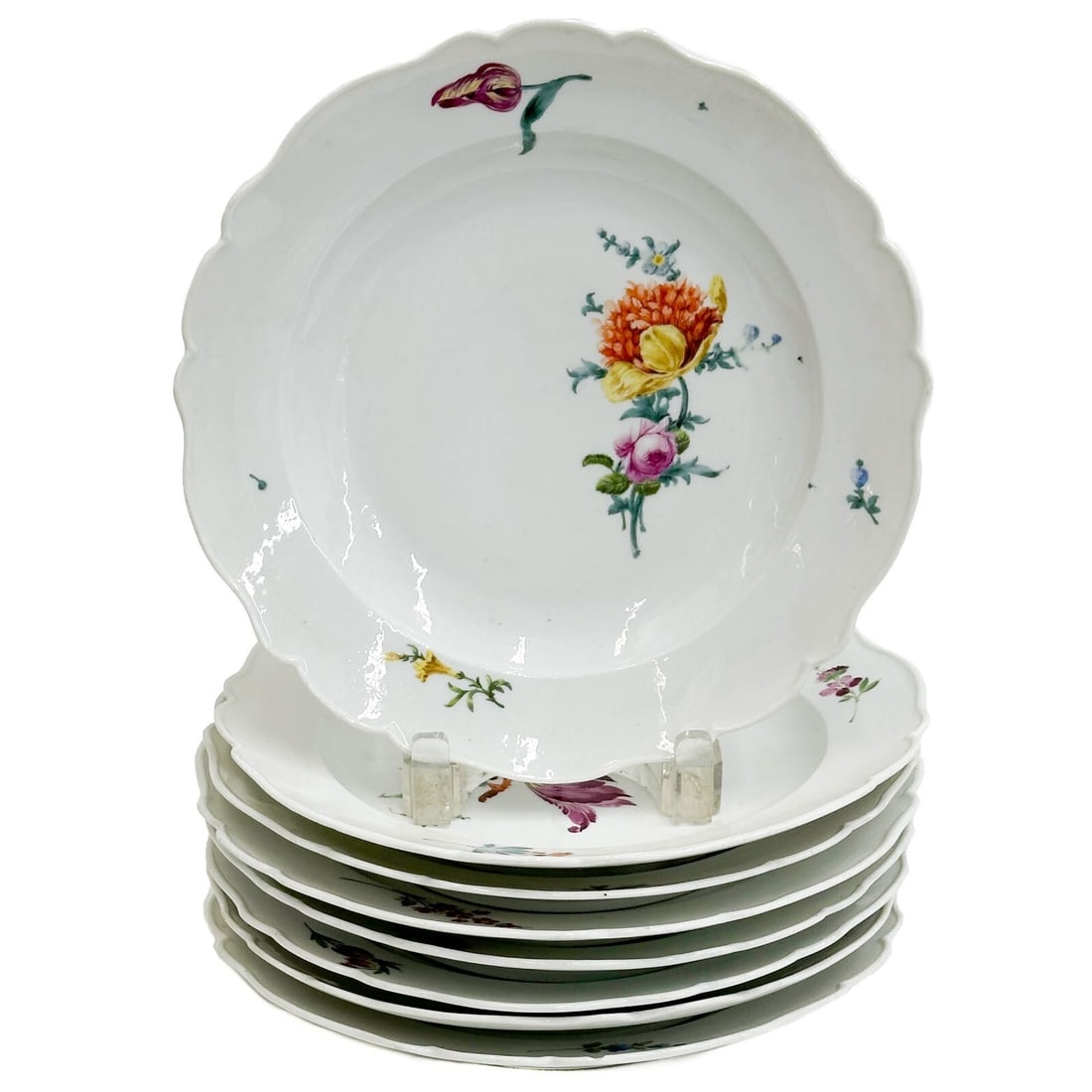8 Meissen Marcolini Germany Hand Painted Porcelain Dinner Plates circa 1800: 8 Meissen Marcolini Germany Hand Painted Porcelain Dinner Plates, circa 1800. Hand painted florals to the center. Underside with Meissen Marcolini marks. Weight: Approx. 8 lbs Measurements: approx. 9.