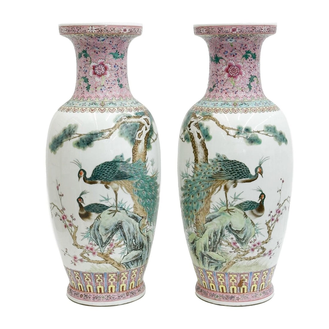 Pair Large Chinese Famille Rose Enameled Porcelain Rouleau Vases Peacocks (1 of 11)