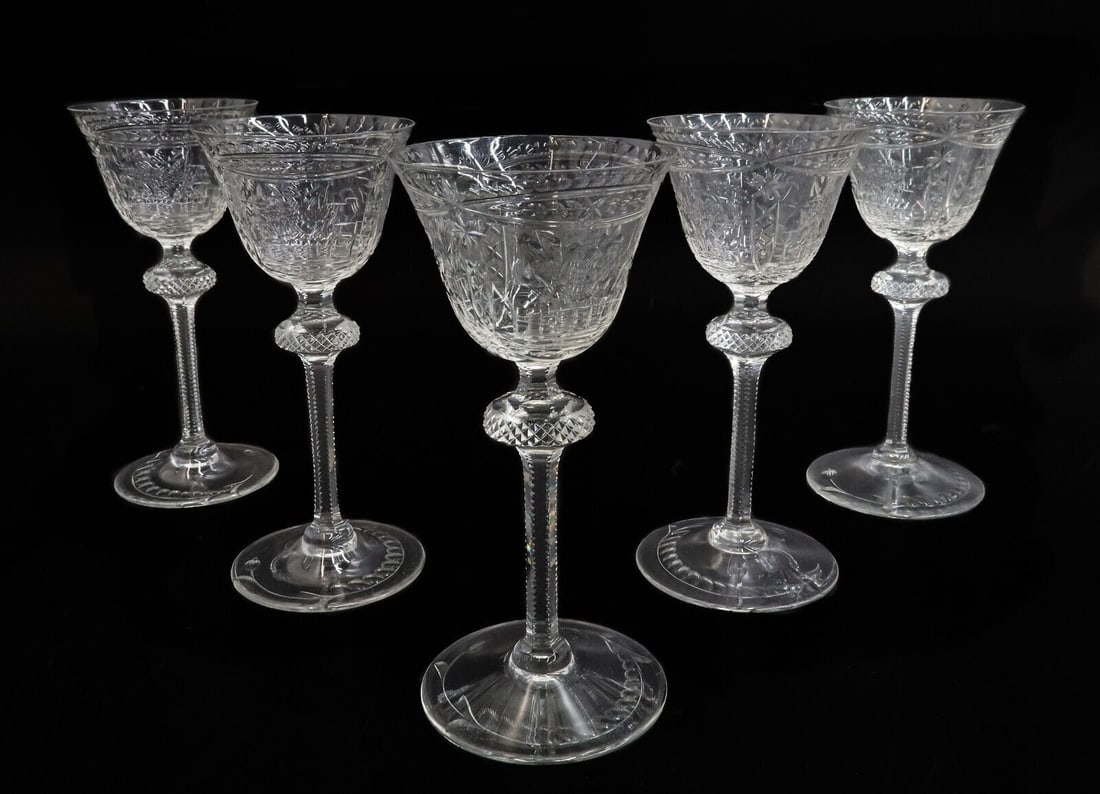5 English Cut Glass Emulating Rock Crystal Claret Wine Goblets Early 20 Century (1 of 5)