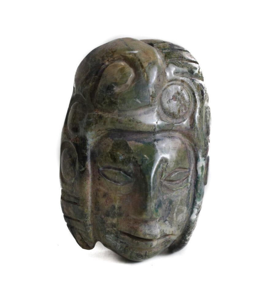 Pre Columbian Polished Jade Stone Mask Pendant Detailed headdress Rose tan (1 of 4)