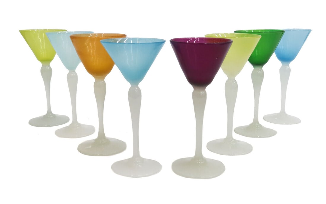 8 Stevens Williams Multi-Colored Alabaster White Stem Flared Wine Glasses c1910 (1 of 5)