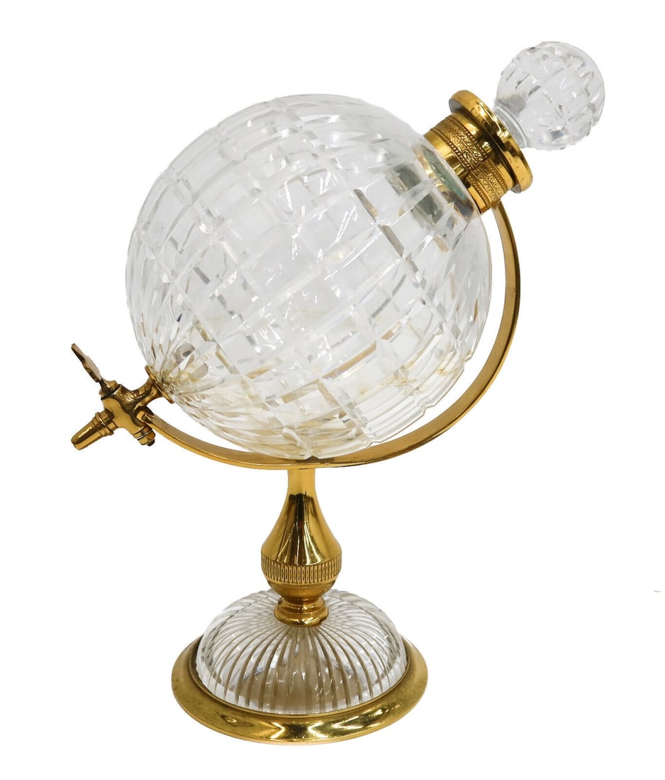 Vintage Gilt Metal and Cut Glass Globe Form Decanter: Vintage Gilt Metal and Cut Glass Globe Form Decanter. Cut glass rectangles to exterior of bowl with stopper and cut sunburst base. Weight: Approx. 3 lbs Measurements: Approx.10 inches x 6 inches x 11.