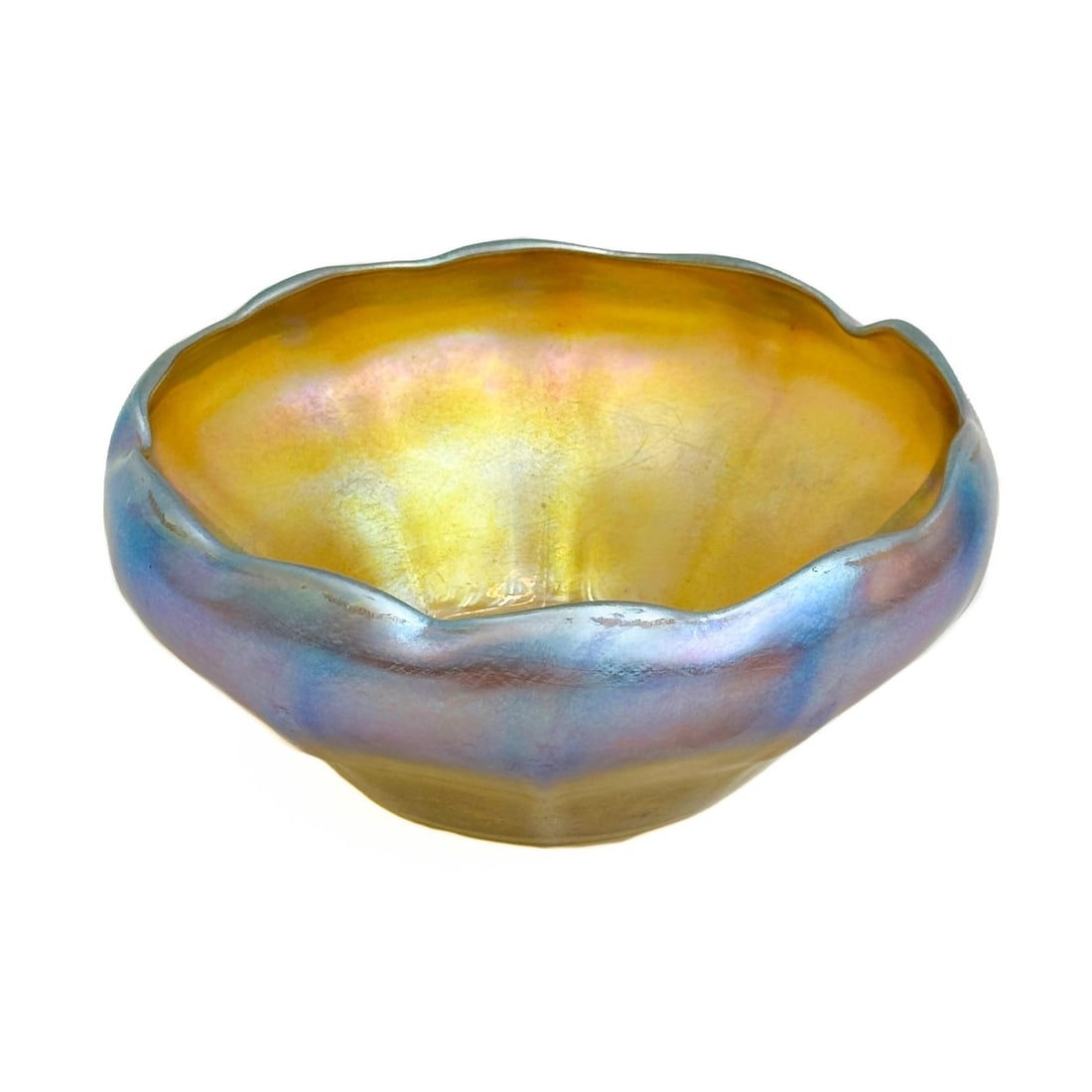 LCT Tiffany Favrile Iridescent Gold Art Glass Bowl Ruffled Signed (1 of 7)