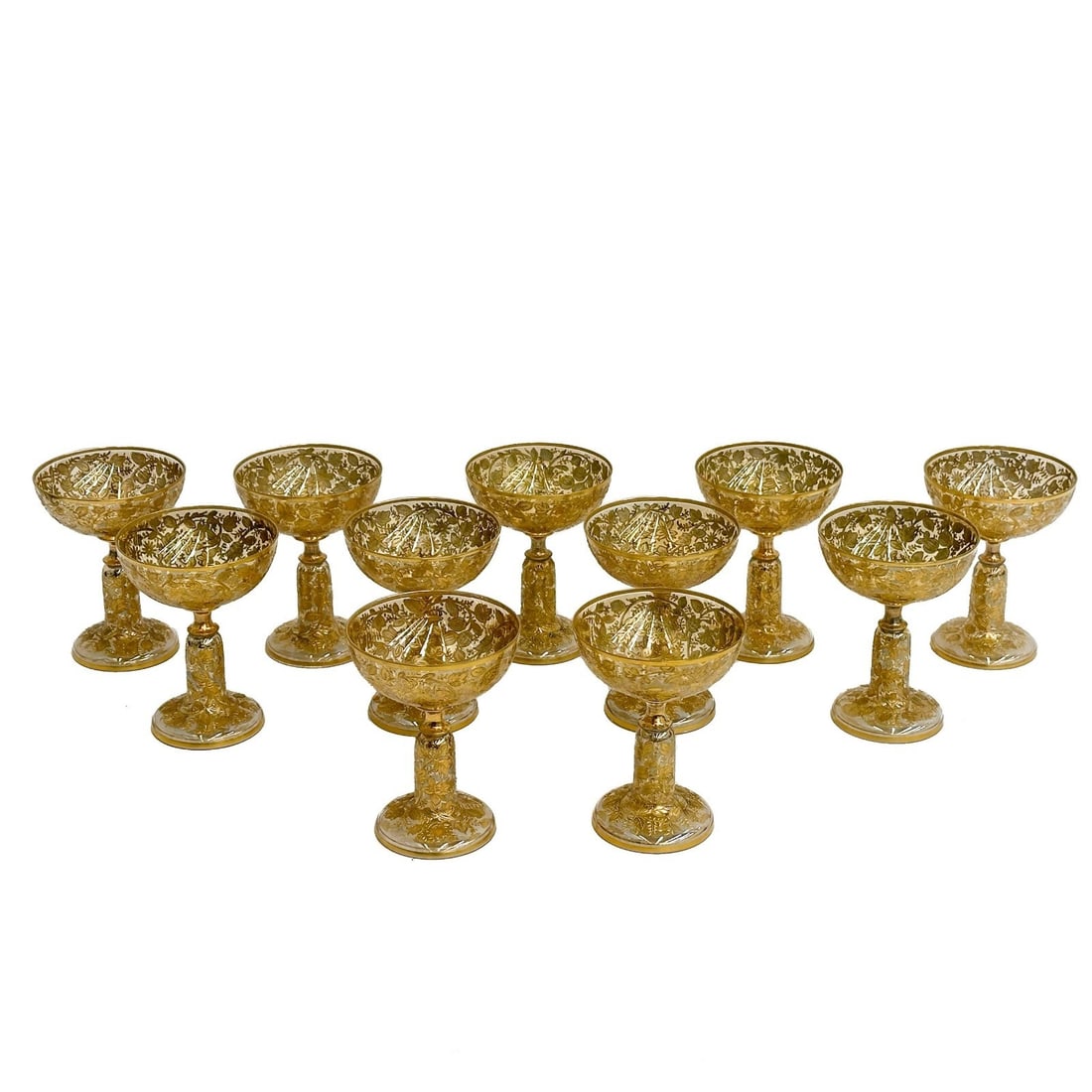 11 Vintage Bohemian Raised Gilt Glass Floral & Leaf Champagne Coupe Glasses (1 of 7)