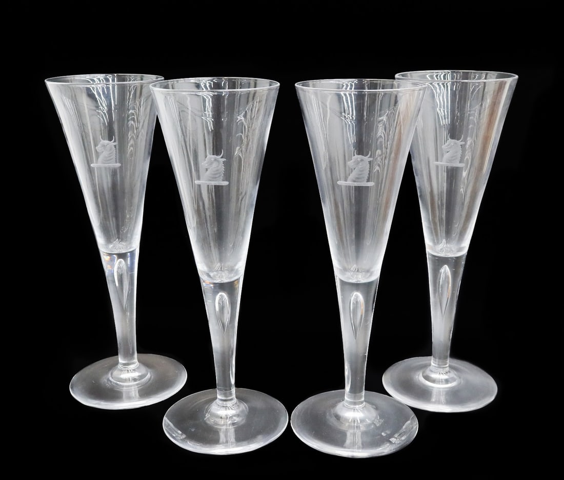 4 Steuben Art Glass Pilsner Goblets in #7924 Teardrop Heraldic Emblem (1 of 7)