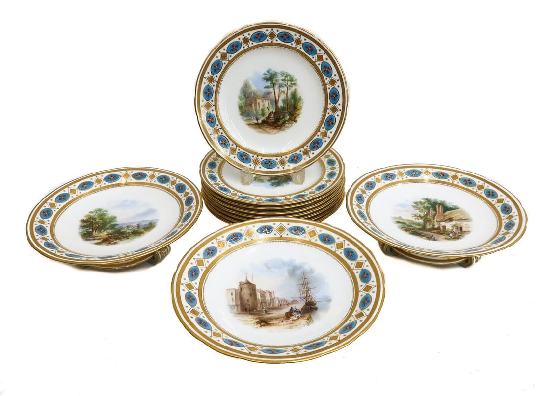 Minton England Hand Painted Porcelain Dessert Service for 8 Maritime Landscapes: Minton England hand painted porcelain dessert service for 8, 1861-1871. Gilt Greek Key rim to scalloped edge and various martime and genre landscapes to center. The dessert service includes 3 footed c