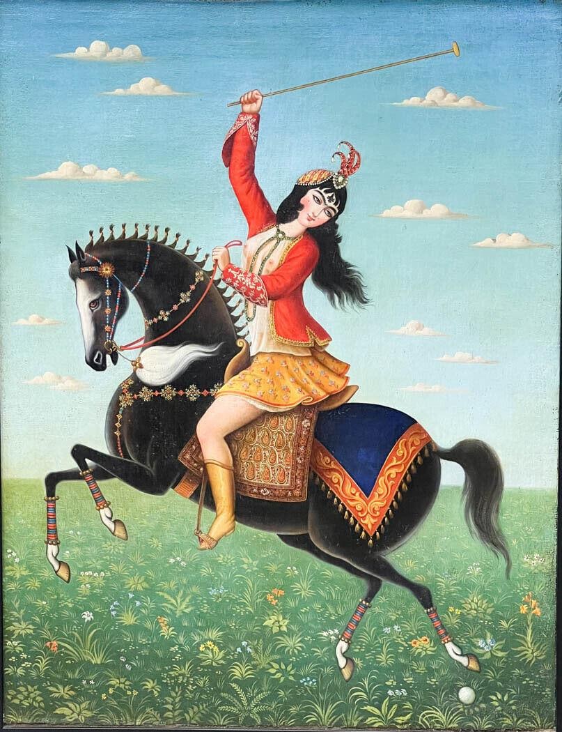 Middle Eastern Persian Qajar period Oil Painting on Canvas Woman on Horse Framed: Large Persian oil on canvas painting depicting a semi nude middle eastern woman on a stallion playing polo. Mounted in a wood frame. Measurements: Approx. Visible canvas: 35.5 inches x 27 inches / Fra