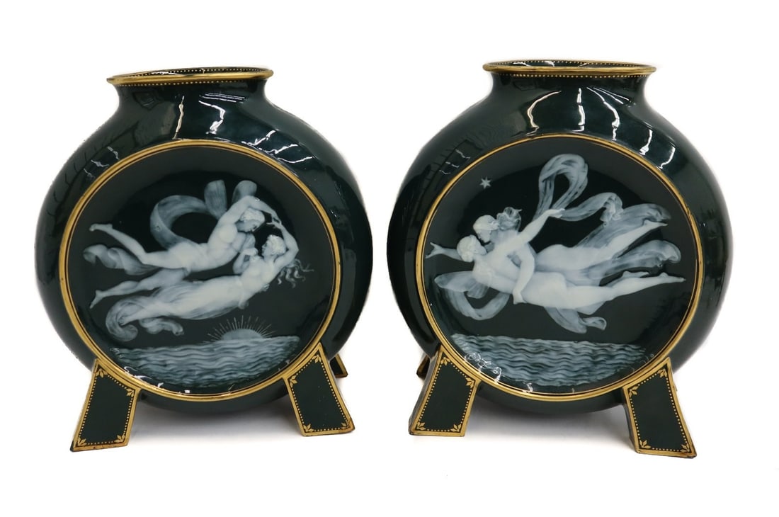 Pair George Jones Pate Sur Pate Porcelain Moon Flask Vases by Frederick Schenk (1 of 18)